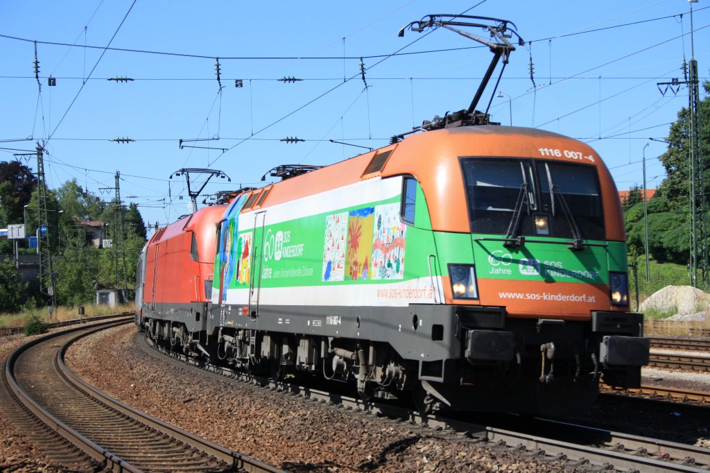 1116 007 + 1116 237 mit einem EC in Traunstein am 01.08.2010