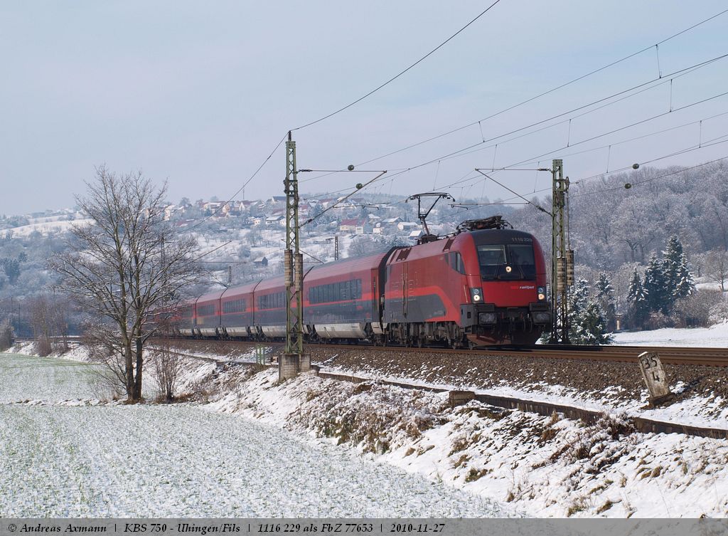 1116 229 (Railjet) zieht ihren FbZ 77653 (Test/Schulungsfahrten) von Frankfurt/Main nach M�nchen Hbf bei Uhingen/Fils an mir vorbei. (27.11.2010)