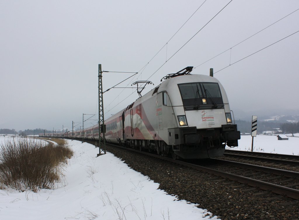 1116 249 zog eine Doppelgarnitur des Railjet am 2. M�rz 2013 durch die neblige Winterlandaschaft. Aufgenommen bei Bernau am Chiemsee.