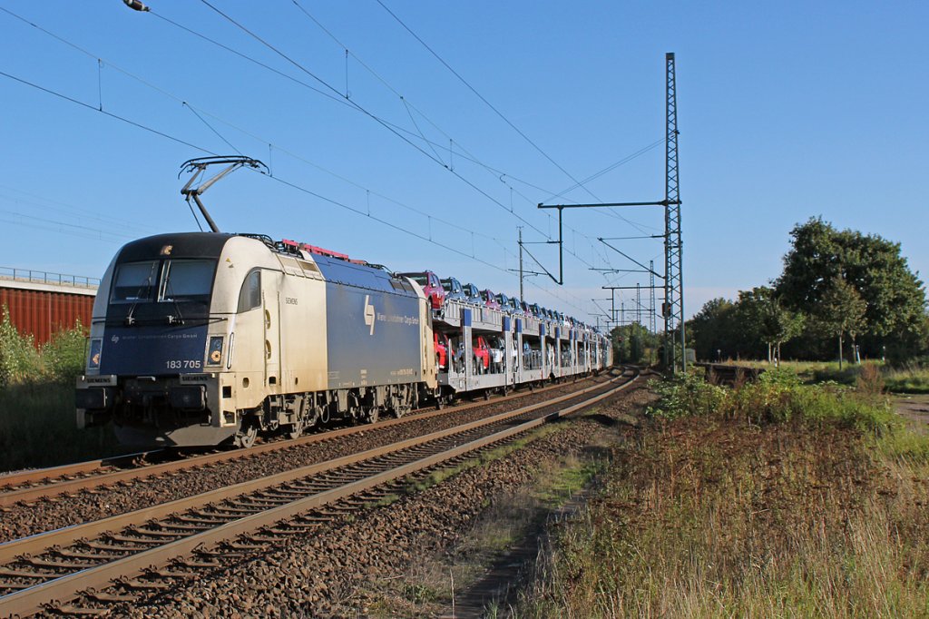 183 705 der Wiener Lokalbahnen mit Dacia Zug in Porz Wahn am 30.09.2012
