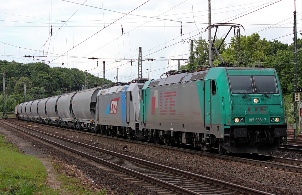 185 608-7 der LTE und 185 676-4 der EVB(kalt)  in K�ln West am 22.06.2012