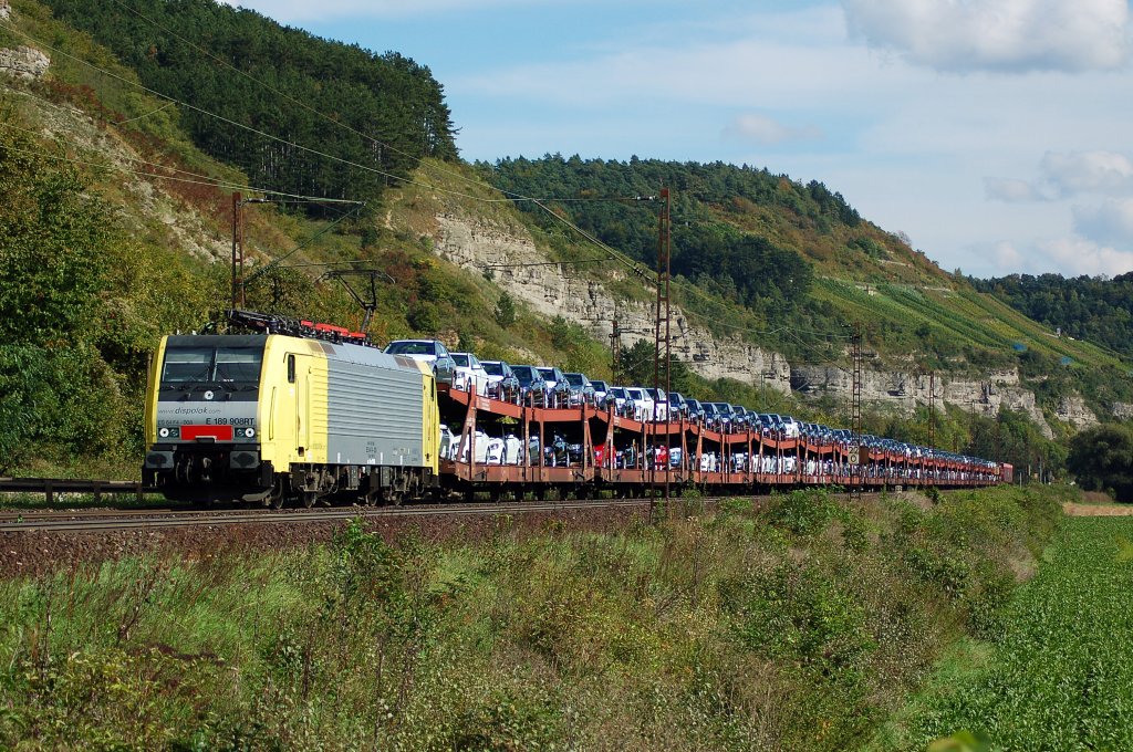 189 908 mit einem Autozug bei Karlstadt Richtung Gem�nden unterwegs.
Aufgenommen am 18.09.2010