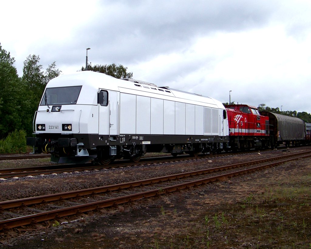 223 141 und V100 001 der e.g.o.o. stehen mit den Windradzug in Munster. (19.06.10)