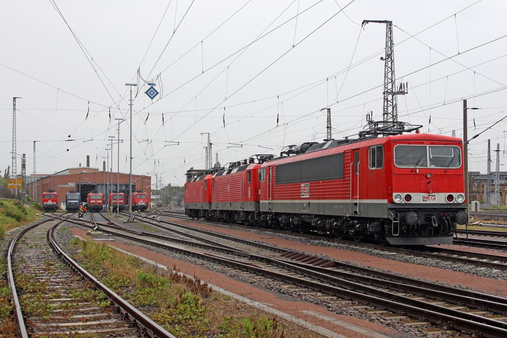 Die MEG 702 ( 155 179-5 ) , MEG 605 ( 143 344-0 ) , RBH 117 ( 143 554-4 ) , 143 929-8 , 112 165-6 and MEG 804 ( 156 004-4 ) beim Sommerfest im DB Museum / DB Regio Werk Halle (Saale) am 02,07,11