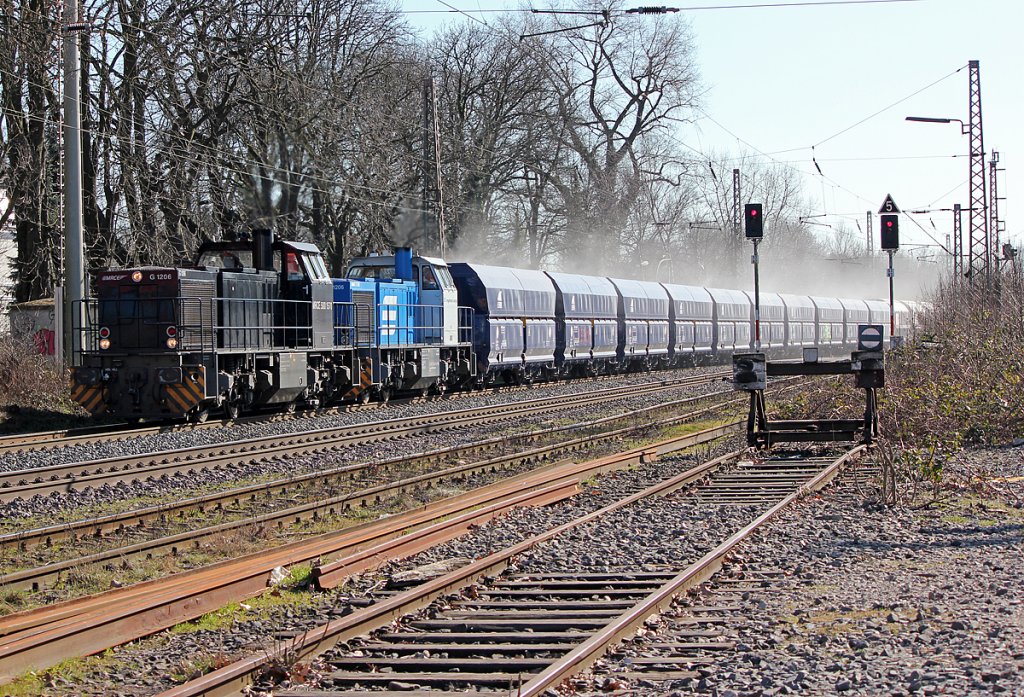 MRCE G1206 mit D05 der Regental Cargo und Kalkzug in Ratingen-Lintorf am 07.03.2011