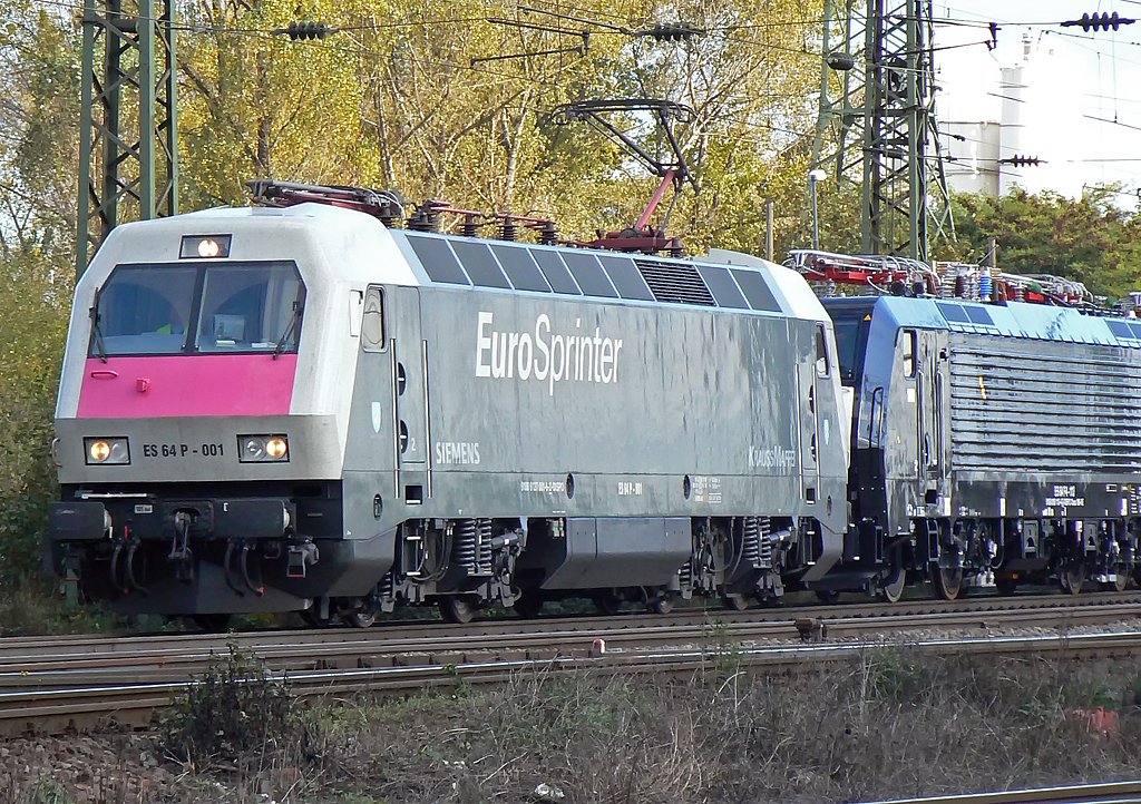 Siemens EuroSprinter ES64 P 001 mit zwei MRCE 189 und zwei belg.BR18 am Haken , Gremberg Okt.09 
