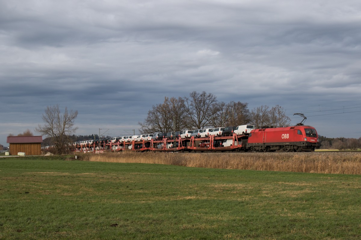 1016 010-1 mit einem Autozug aus M�nchen kommend am 4. Dezember 2015 bei Weisham.