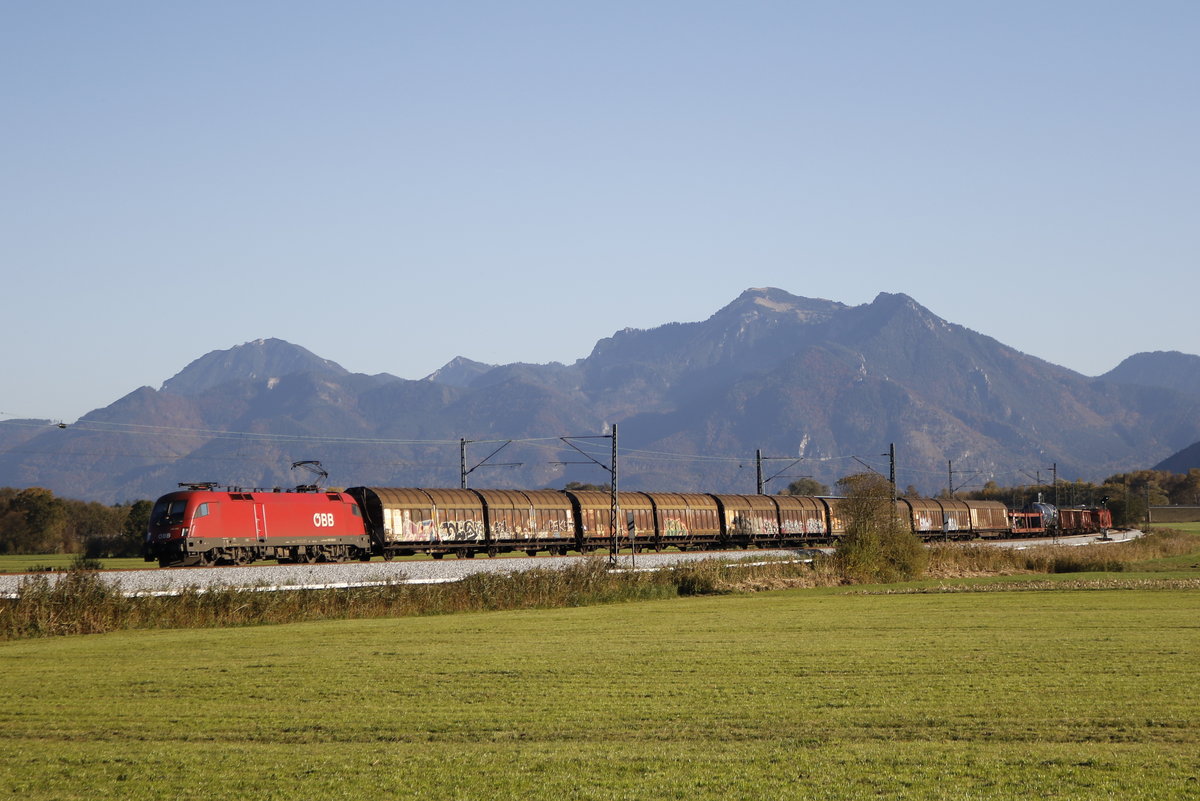 1016 025 mit einem gemischten G�terzug aus Salzburg kommend. Aufgenommen am 16. Oktober 2017 bei Bernau am Chiemsee.