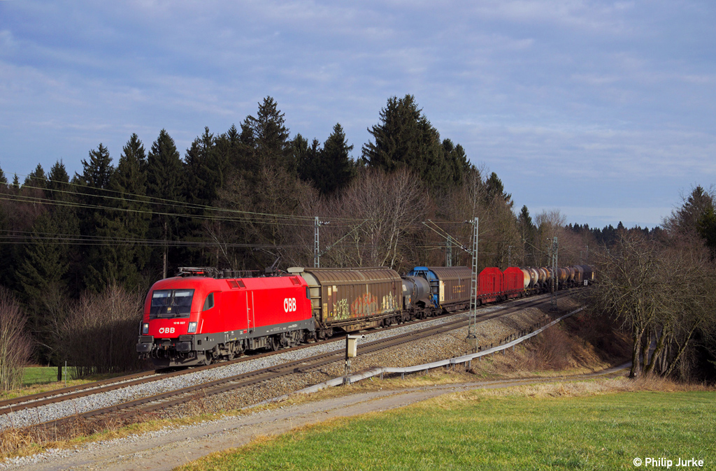 1016 037-2 mit dem EZ 45808 (Villach S�d - M�nchen Nord) am 11.01.2014 bei Grabenst�tt.
