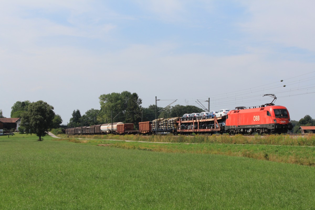 1116 124-9 mit einem gemischten G�terzug am 24. August 2013 bei �bersee.