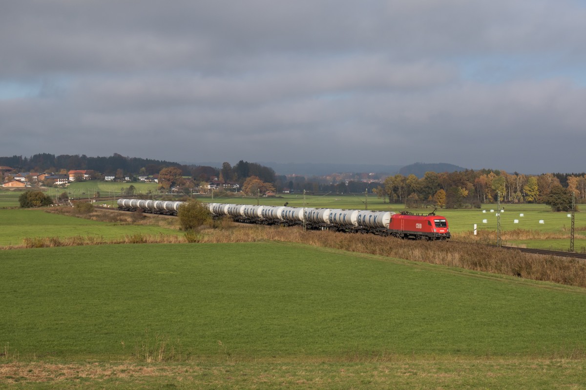 1116 125 mit einem  GATX-Kesselwagenzug  aus M�nchen kommend am 31. Oktober 2015 bei Bernau am Chiemsee.