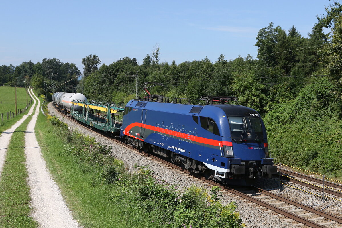 1116 195 mit einem gemischten G�terzug aus M�nchen kommend am 17. August 2023 bei Sossau.