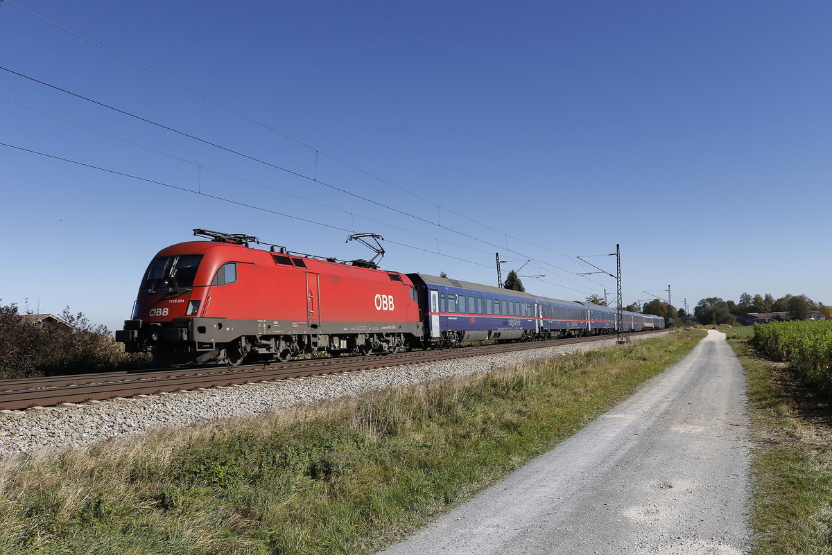 1116 274 -2 mit dem  Night-Jet  aus Salzburg kommend am 14. Oktober 2017 bei �bersee.