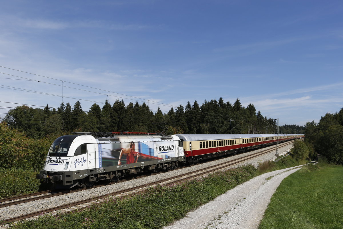 1216 955  Roland  mit dem  AEH Rheingold  am 9. September 2018 bei Grabenst�tt. Der Sonderzug war vom W�rthersee nach Dortmund unterwegs.