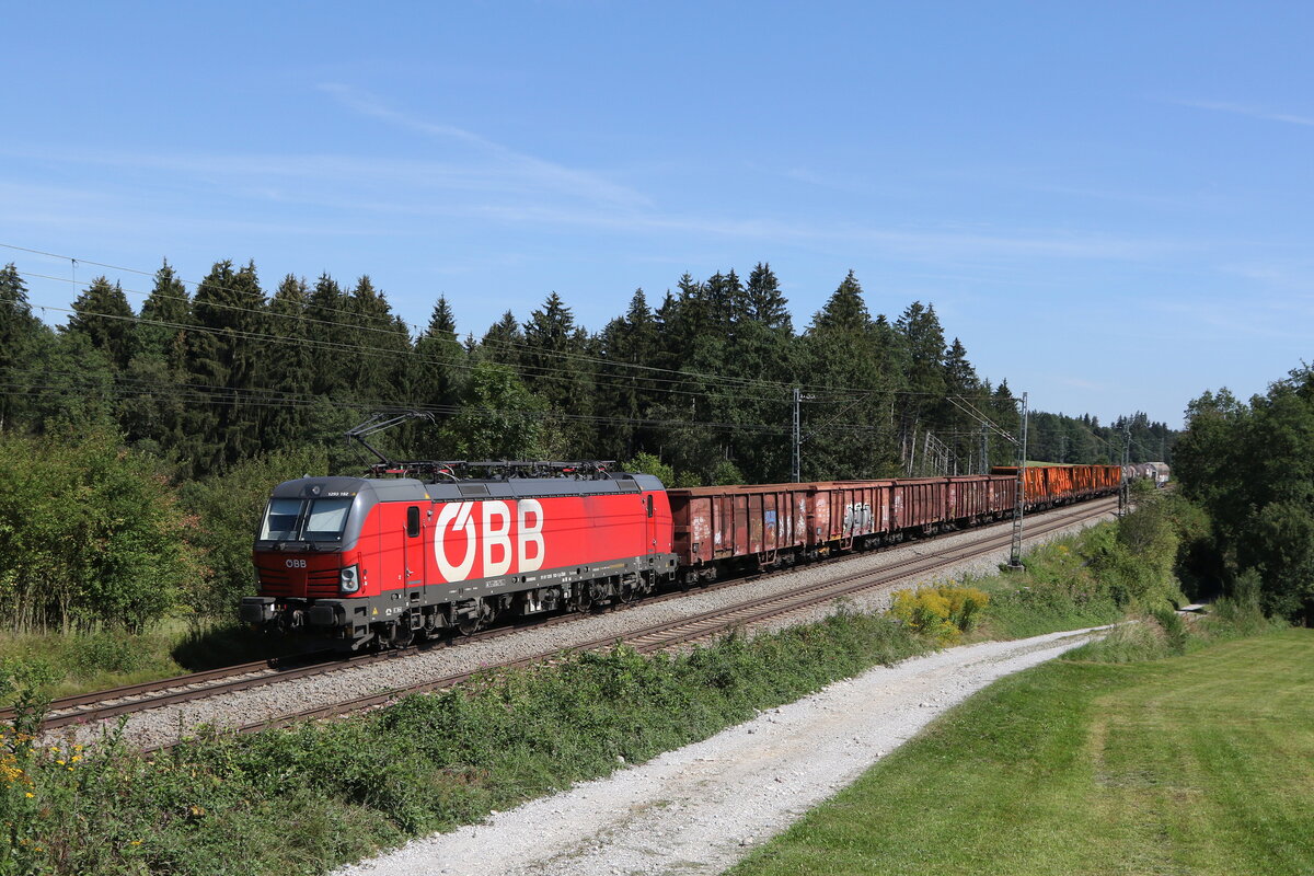 1293 192 mit einem gemischten G�terzug am 2. September 2022 bei Grabenst�tt im Chiemgau.