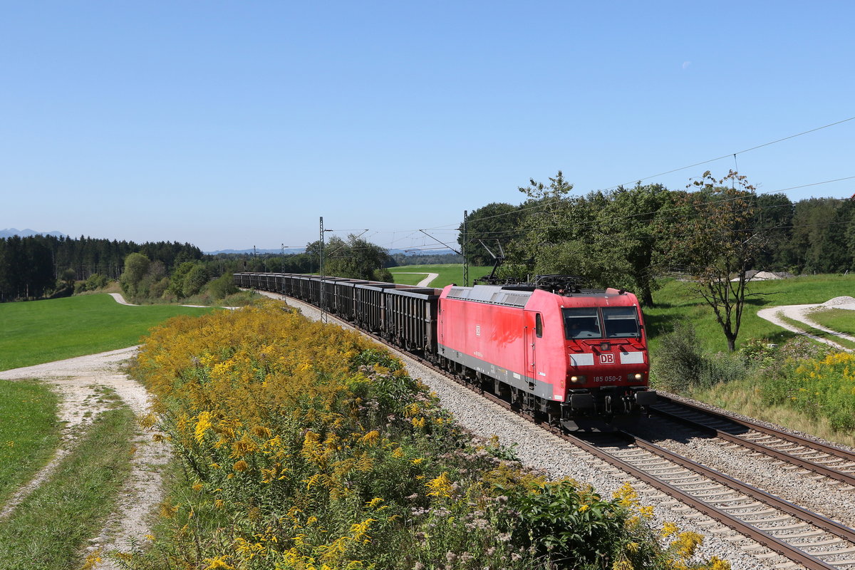 185 050 mit dem  AICHER-Stahlzug  am 9. September 2020 bei Grabenst�tt.