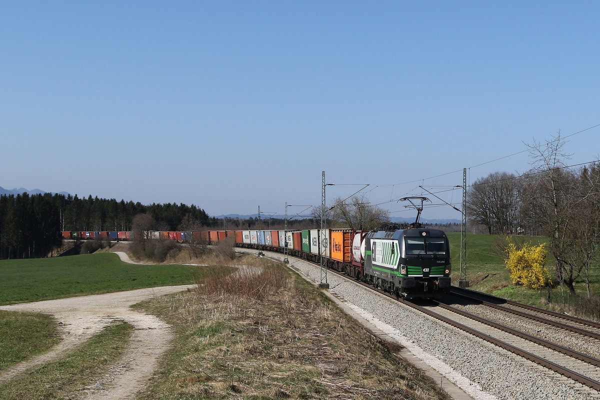 193 208 mit einem Containerzug aus M�nchen kommend am 19. M�rz 2020 bei Grabenst�tt.