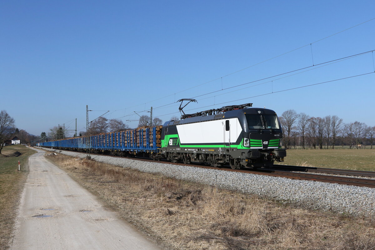 193 761 mit einem Holzzug aus M�nchen kommend am 28. Februar 2022 bei �bersee am Chiemsee.