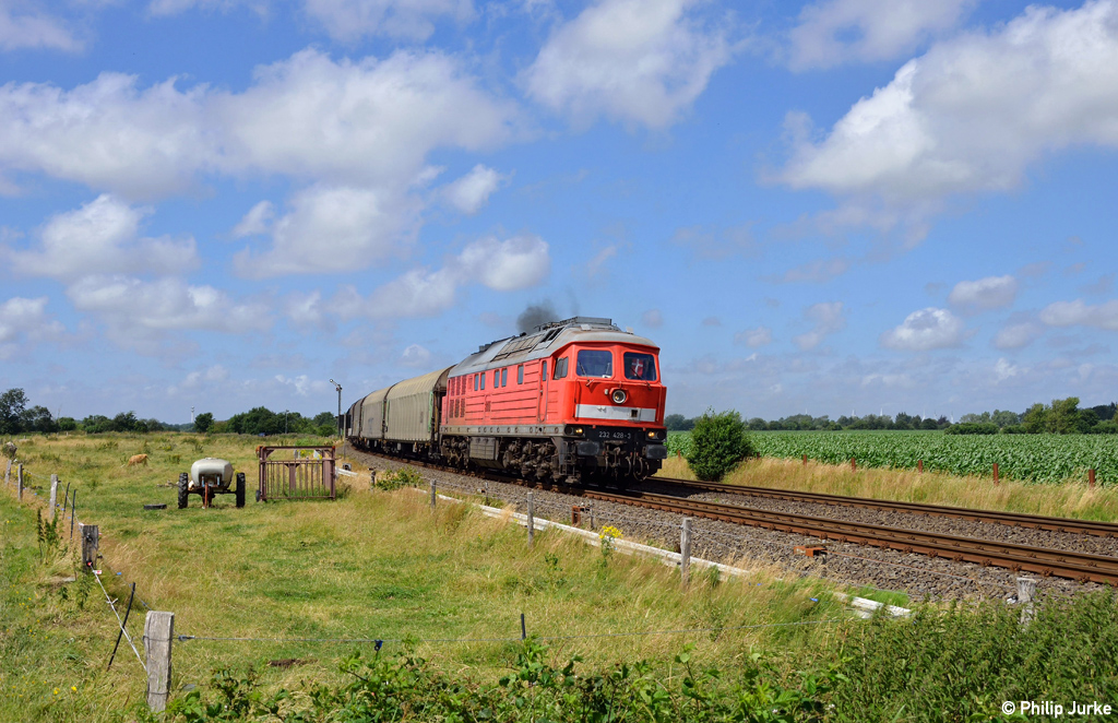 232 428-3 mit dem EZ 47409 (Fredericia - Maschen Rbf) am 21.07.2015 bei Risum-Lindholm.
