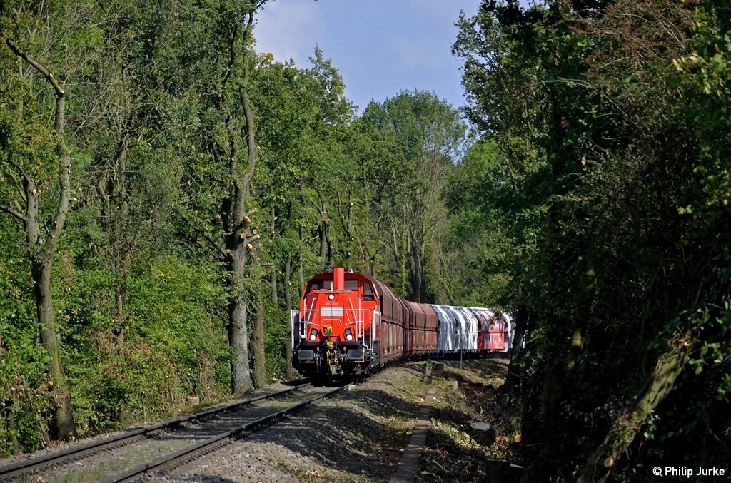 265 024-0 mit einem Kalkzug von Wülfrath-Flandersbach nach Duisburg zu HKM am 14.09.2014 bei Heiligenhaus.
