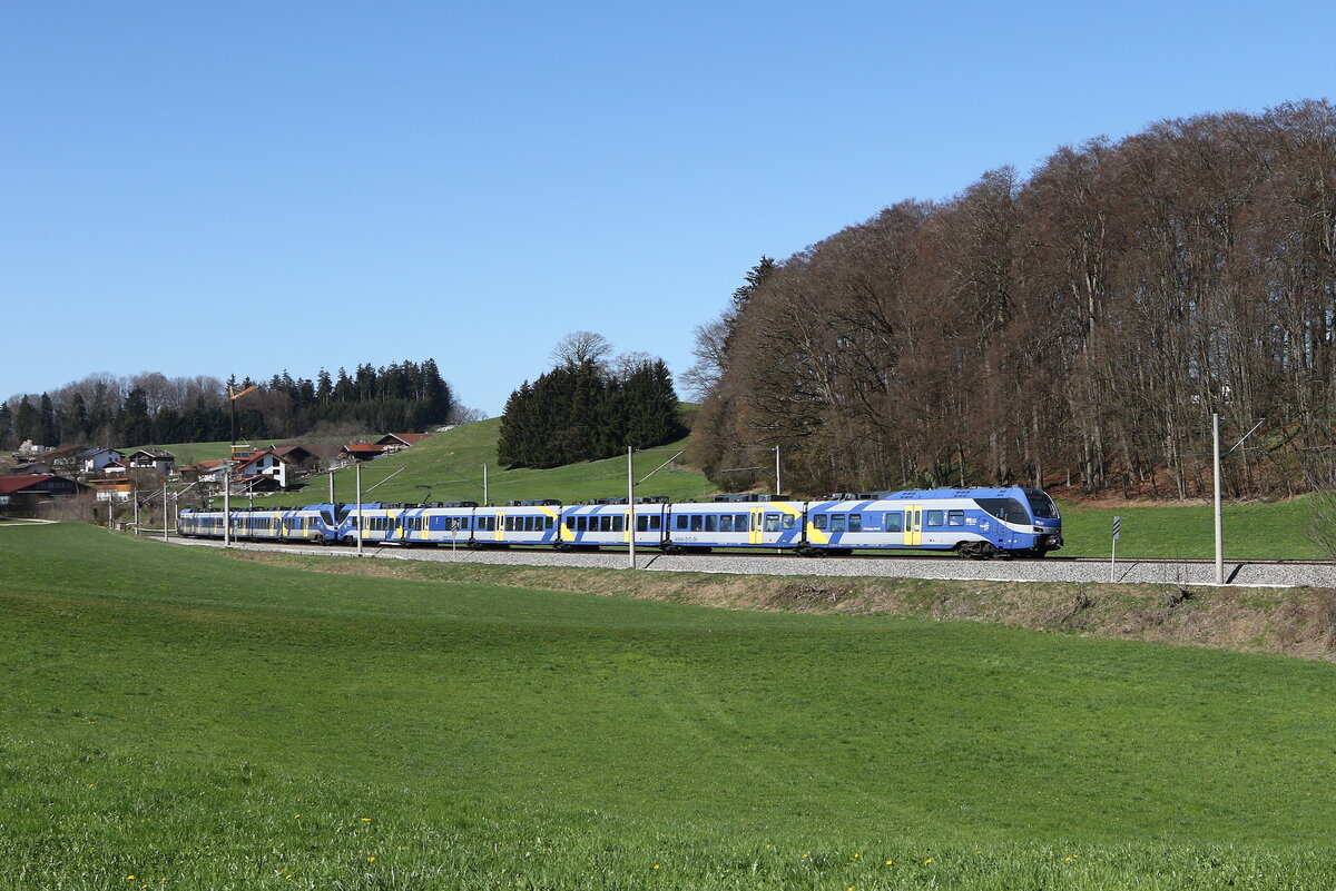 430 021 und 430 028 aus M�nchen kommend am 4. April 2025 bei Axdorf im Chiemgau.
