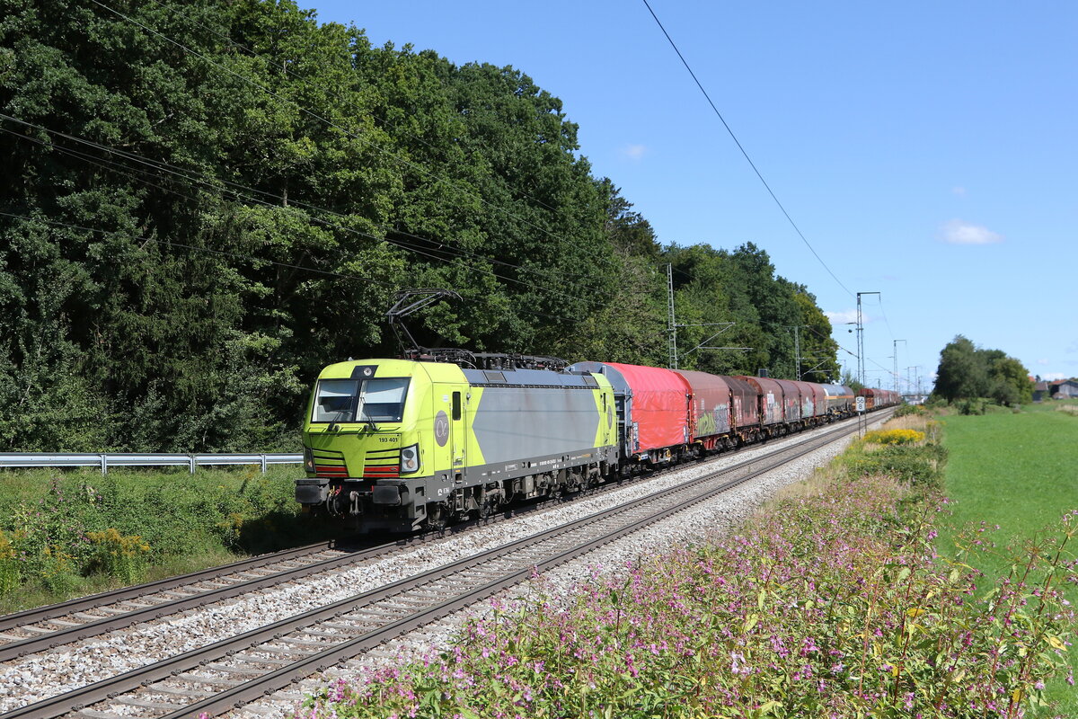 6193 401 von  ALPHA TRAINS  war mit einem gemischten G�terzug am 6. September 2025 bei Hufschlag in Richtung M�nchen unterwegs.