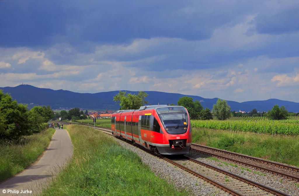643 017-6  Siebeldingen  als RB 18825 (Neustadt(Weinstr.)Hbf - Wissembourg) am 01.06.2014 bei Edesheim(Pfalz).

