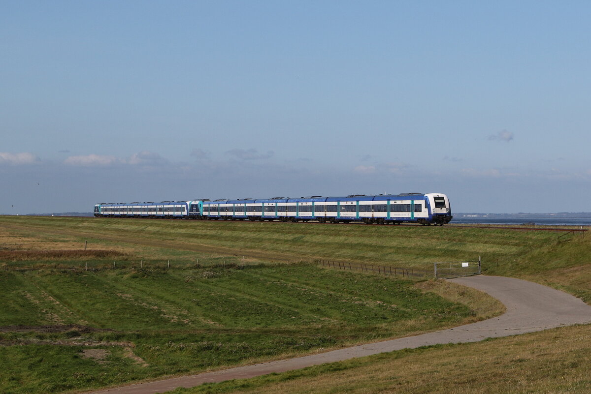 Doppelte Nahverkehrszug-Garnitur aus Sylt kommend am 15. September bei Klanxb�ll.