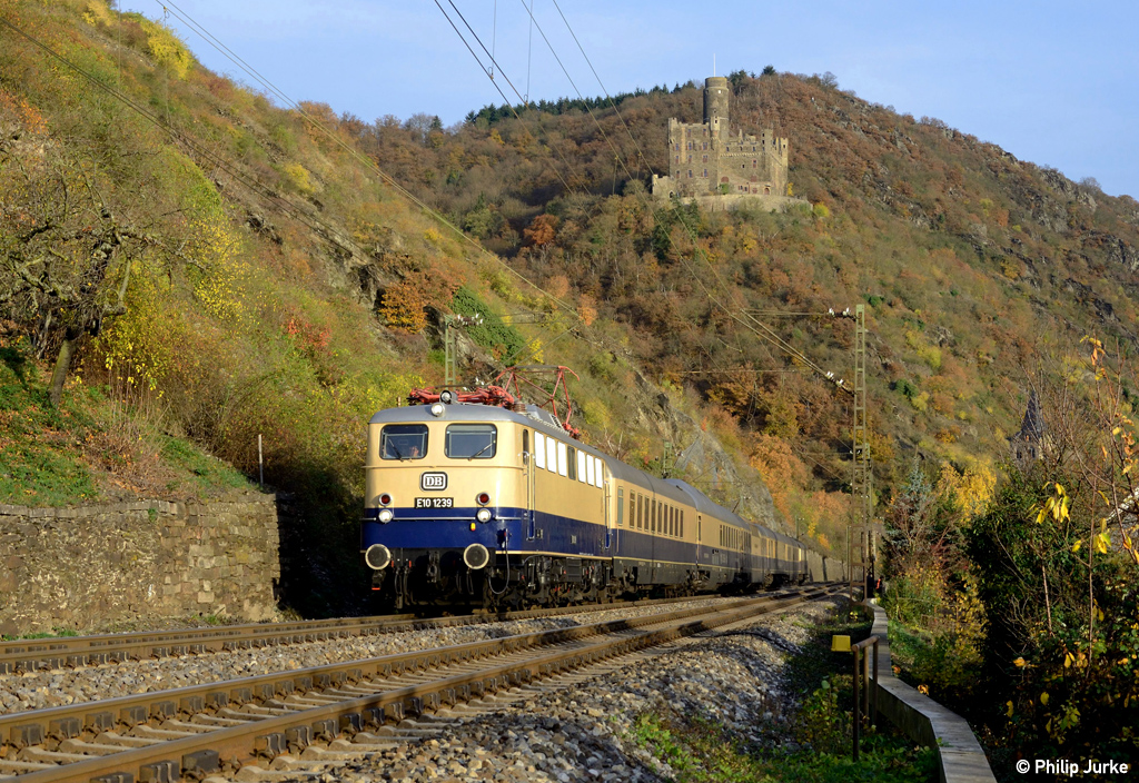 E10 1239 mit dem DPF 61716 (Assmannshausen - Köln Hbf) am 08.11.2015 zwischen St. Goarshausen und Kestert.
