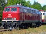 218 387-9 als Schublok des historische Rheingold steht am 30.08.2009 im Bahnhof Biedenkopf zur Abfahrt nach Bad Laasphe zum Bahnhofsfest bereit.