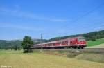 143 845-6 schiebt die RB 19321 (Plochingen - Ulm Hbf) am 18.07.2014 durch Uhingen(Fils).