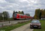 218 400-0 schiebt die RB 27046 von M�hldorf nach M�nchen am 27.10.2013 bei Weidenbach.
