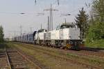 Die von TXL angemiehtete 92 87 0061 753 - 5 F-COLRA - Vossloh 5001687 -  Beci  und 92 87 0061 754 - 3 F-COLRA - Vossloh 5001689 -  Tilly  in Ratingen Lintorf am 21,04,11