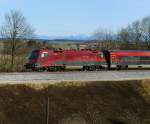 Railjet 1116 219, aufgenommen am 27.02.10, kurz vor A�ling, Strecke Rosenheim-M�nchen.