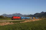 1116 051 war mit einem  KLV  am 29. April 2026 bei Bernau am Chiemsee in Richtung M�nchen unterwegs.