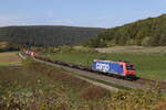 482 019 von  SBB Cargo  mit einem schwach beladenem Containerzug aus Gem�nden kommend am 12. Oktober bei Harrbach am Main.